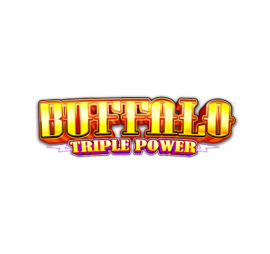 Logo for the game 'Buffalo Triple Power' featuring bold, golden text with a purple outline.