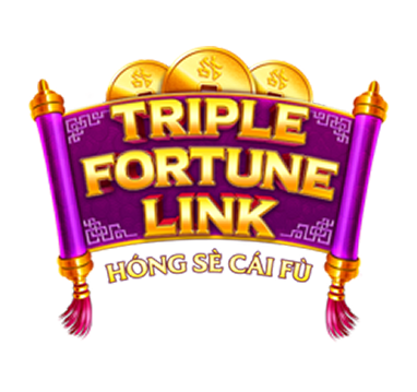 Triple Fortune Link game logo featuring gold text on a purple scroll banner with gold coins and Chinese characters below.